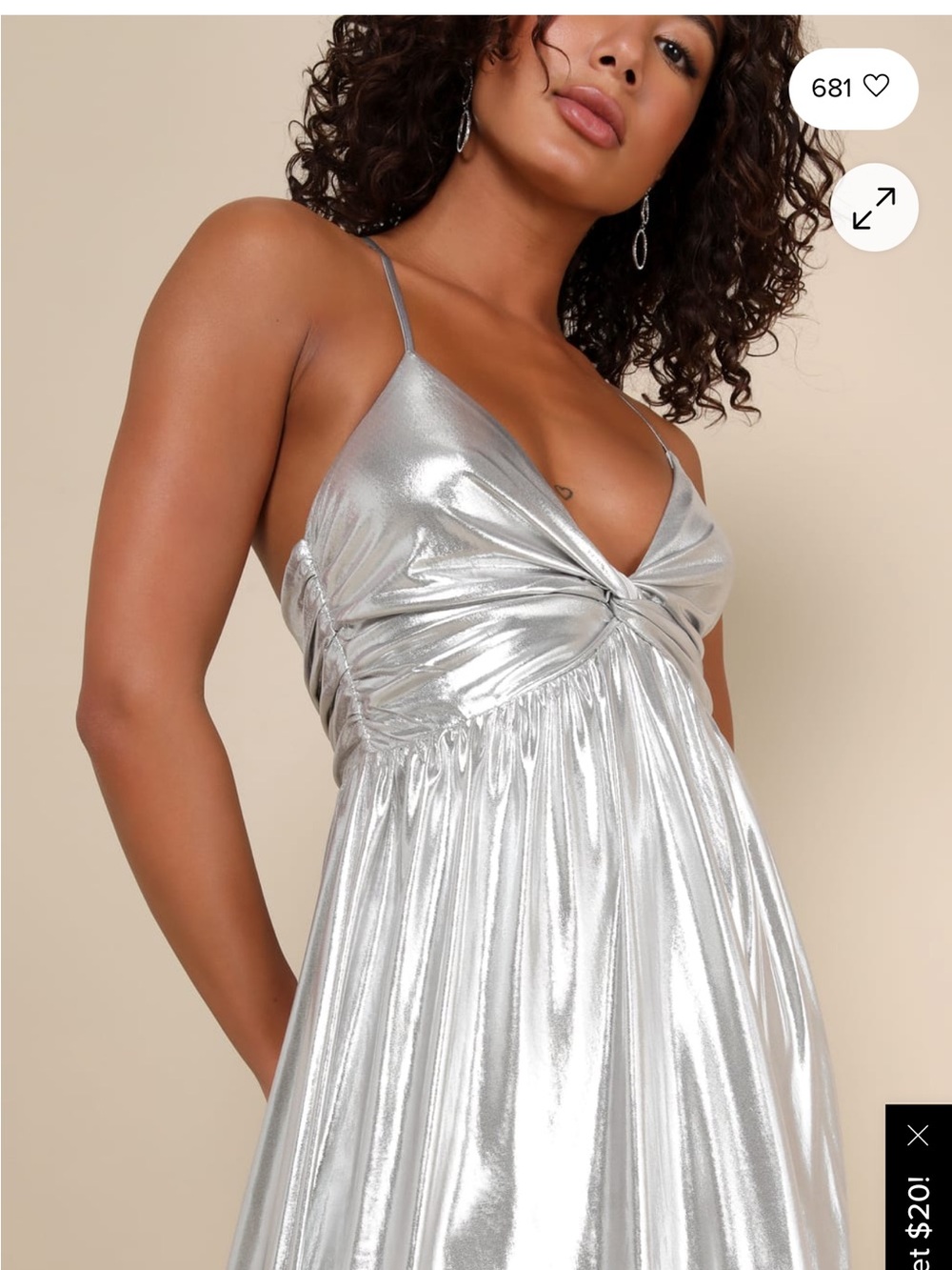 Lulu's Silver Metallic Twist Maxi Gown with High Slit - Picture 3 of 9